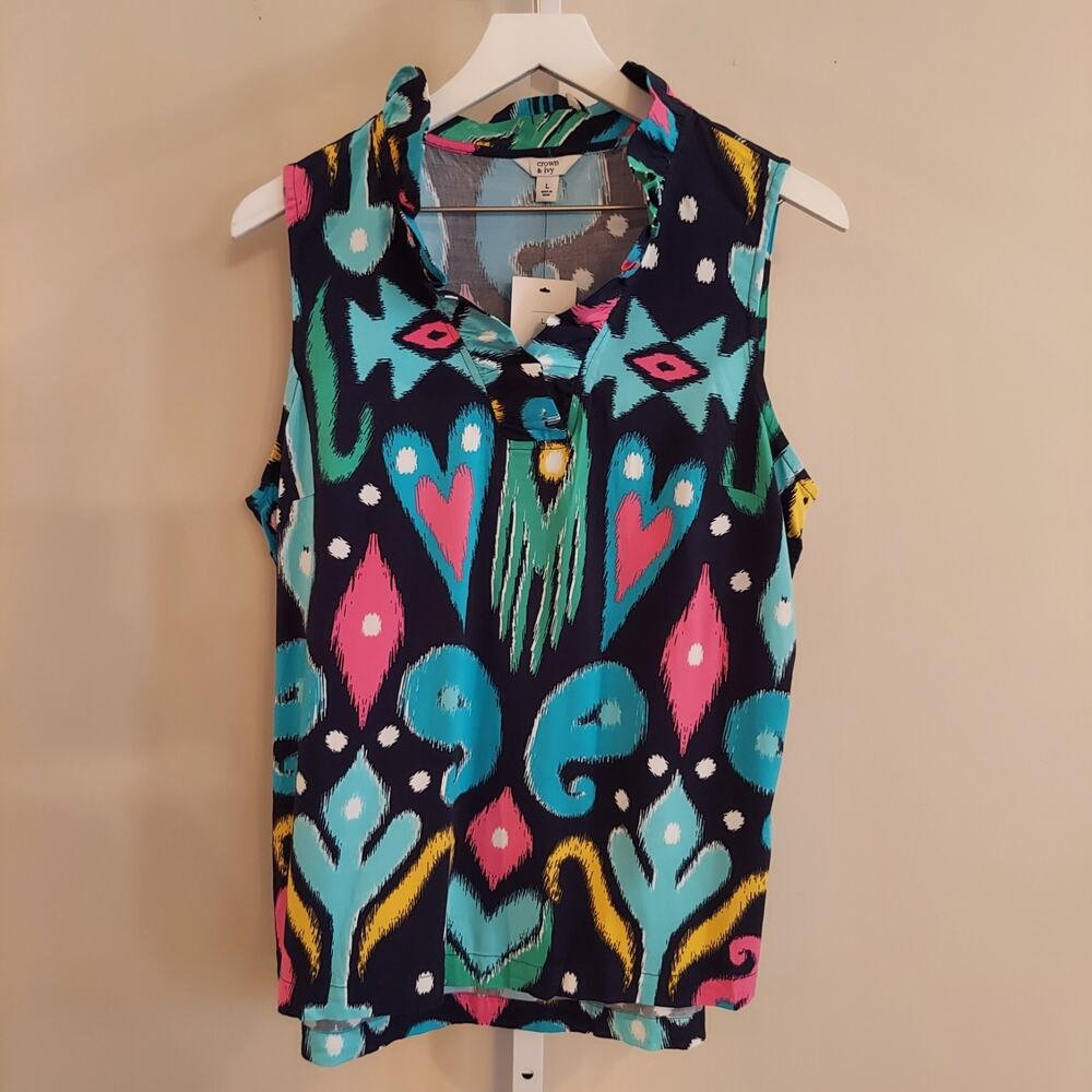 NWT Crown & Ivy Colorful Sleeveless Blouse Large Ikat Ruffle Neckline Playful